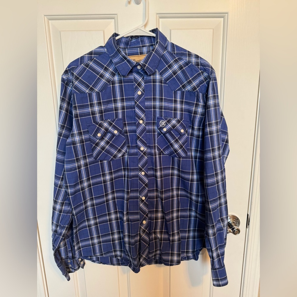 Wrangler Retro Men’s Collared Blue Plaid Western Pearl Snap Down Shirt Large